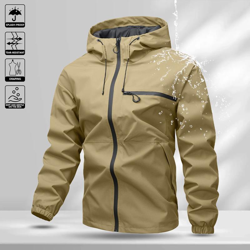 Men’s softshell lightweight windproof hooded jacket with drawstring design, sporty casual style, large front pocket, side zip closure, suitable for spring and autumn, back to school season outfits, long sleeve version ideal for outdoor wear in spring