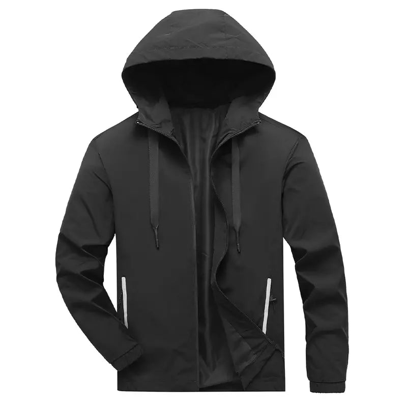 Men's Standard Lightweight Stylish Plain Polyester Hooded Windbreaker Jacket - Menswear Tops, Long Sleeve, Water-Resistant, Full-Zip, Reflective Zipper Pockets, Casual Coat for Outdoor Hiking, Daily Wear