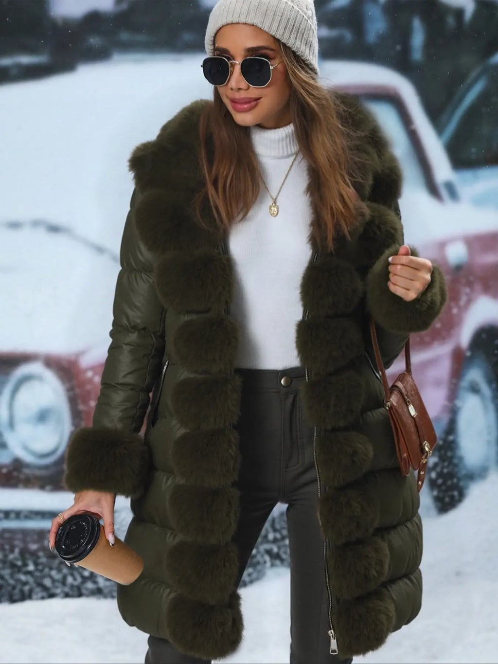 Women's Elegant Chic puffer Coat with Fleece Trim, Faux Fur & Belt, Mid-Length Fall Winter Hooded Fitted Woven Jacket, Warm Daily Wear Outerwear Tops, Womenswear