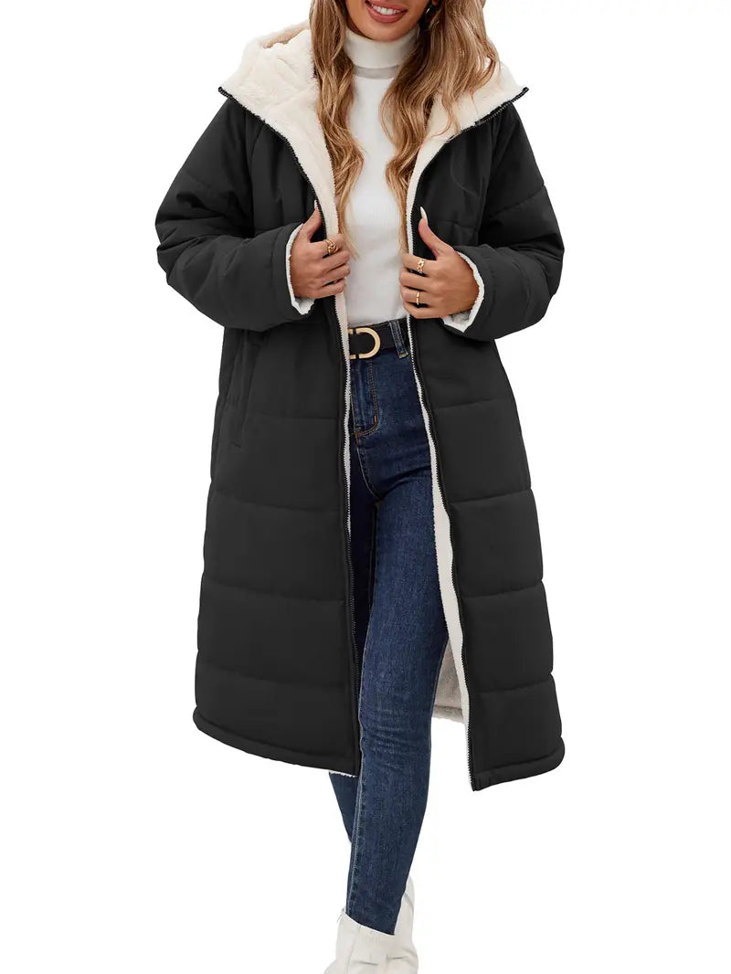 【Pre‑Season Price】HEEKPEK Women's Oversized Sherpa Fleece Lined Long Hooded Puffer Coat - Long Sleeve, Windproof, Waterproof, Insulated, Basic, Casual, Athletic, Outdoors Waterproof Wear
