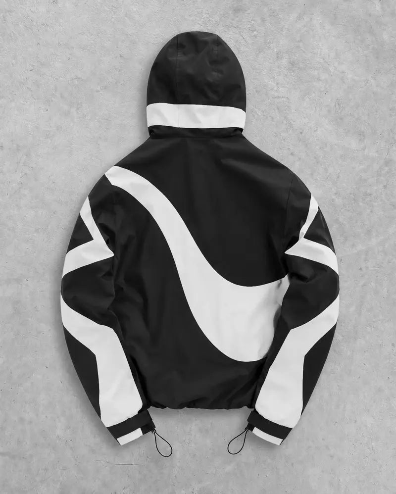 Men's Baggy Cross-Print Hooded Zip-Up Techwear Windbreaker Jacket - Textured Woven Fabric, Waterproof, Long-Sleeve, Lightweight, Unisex Fit, Patchwork, Outdoor/Party/New Year Wear, Biker Streetwear Work Top