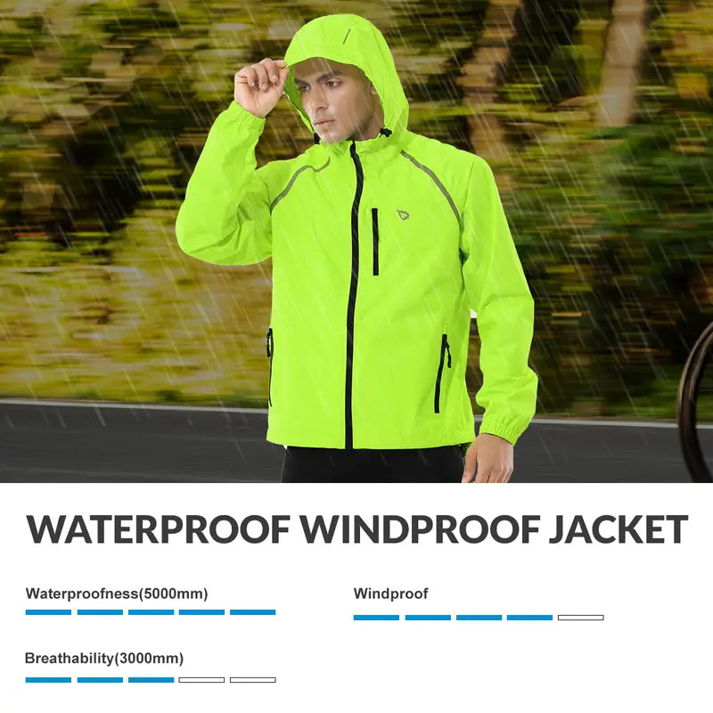 Baleaf Men's Packable Long Sleeve Synthetic Rain Jacket - Reflective, Waterproof, Wind Resistant Outerwear, Lightweight Hooded, Machine Washable Outdoor Everyday Wear for Cycling, Hiking