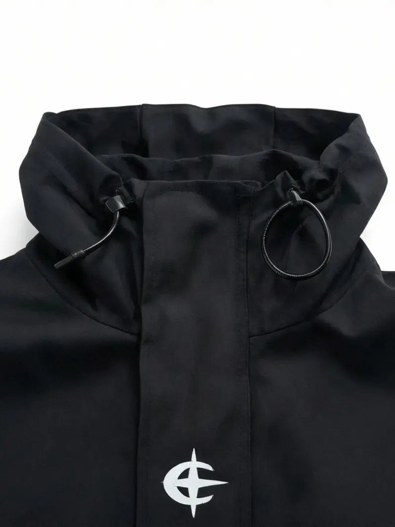 Men's Polyester Lightweight Windproof Hooded Rain Jacket - Men's Clothing Zip-Front Track Jacket, Water-Resistant Breathable Black Outdoor Wear with Adjustable Hood for Running, Hiking