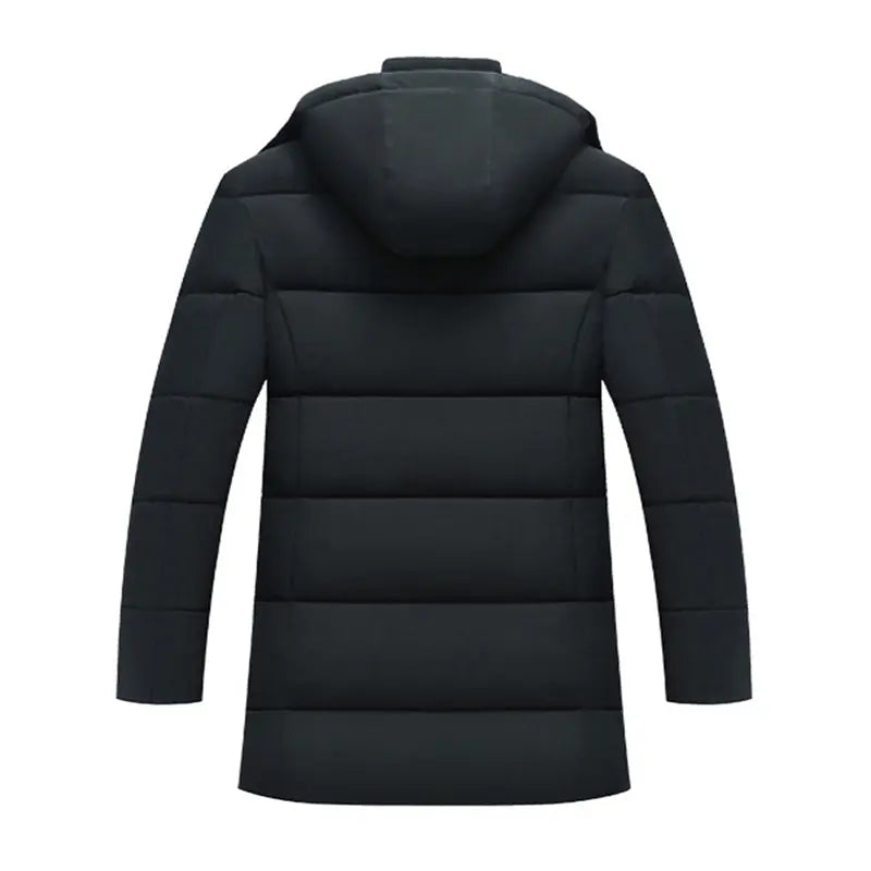 Men's Autumn Winter Mid-Length Hooded Down Coat - Quilted Outerwear Jacket, Coats for Casual Wear, Plain Design, Stylish Zipper-Button Front Closure, Multiple Zippered Pockets, Straight Cut, Casual Topstitching