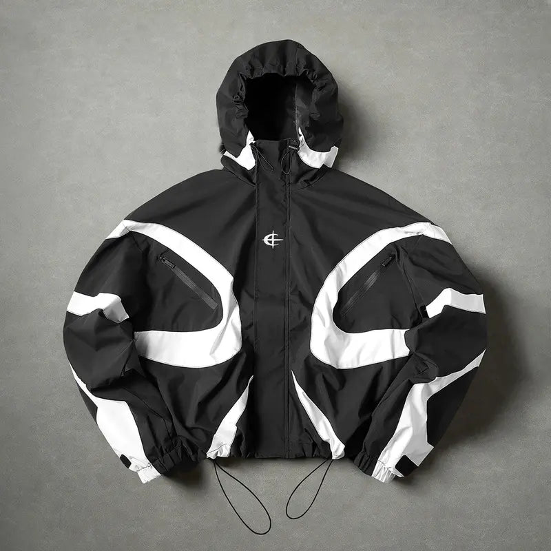 Men's Color-Block Patchwork Tiered Layer Polyester Windbreaker - Hooded Waterproof Medium-Length Zip-Up Jacket for Hiking, Commuting, Polyester Clothes, Machine Washable