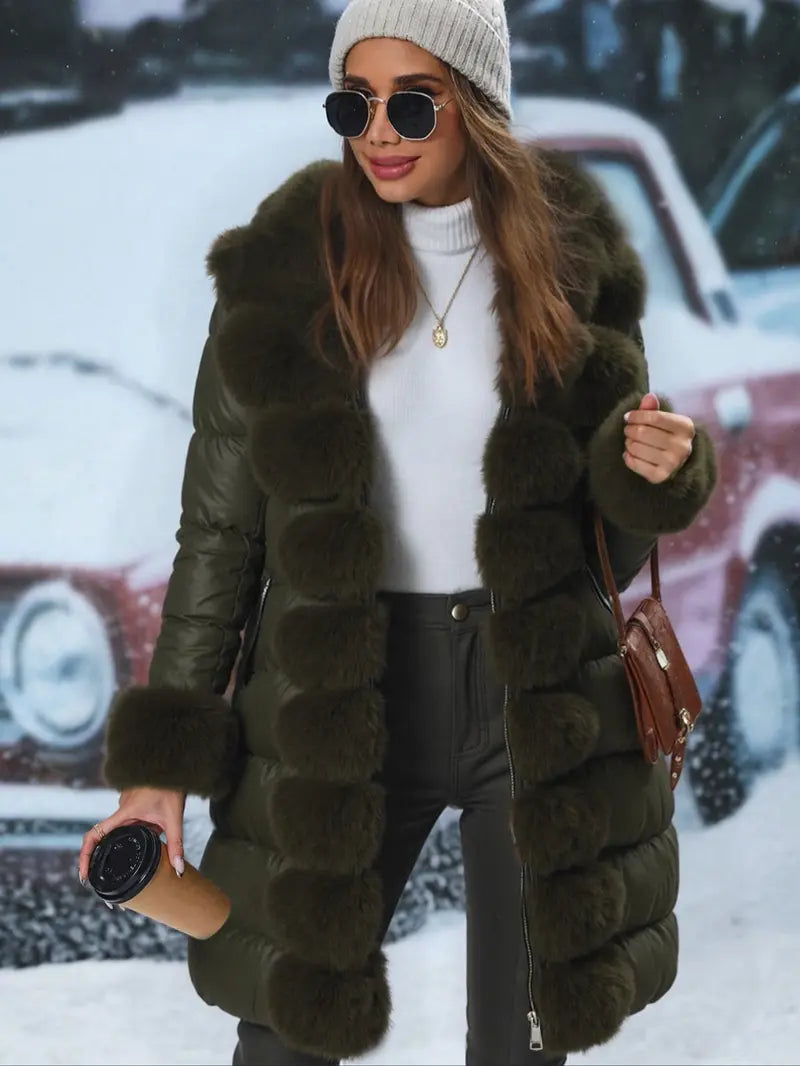 Women's Elegant Chic puffer Coat with Fleece Trim, Faux Fur & Belt, Mid-Length Fall Winter Hooded Fitted Woven Jacket, Warm Daily Wear Outerwear Tops, Womenswear