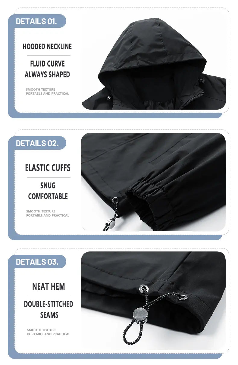 Men’s Loose-Fitting Long Sleeve Hooded Coats - Windproof, Waterproof Polyester Plain Tops with Adjustable Hem, Zip Up Closure, Casual Outdoor Menswear Outerwear for Everyday Wear (Beige, Black)