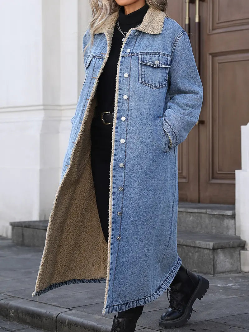 Women's Fall and Winter Casual Loose-Fit Long Jacket, Elegant Turn-Down Collar Warm-Lined Denim Coat for Plus-Size Women