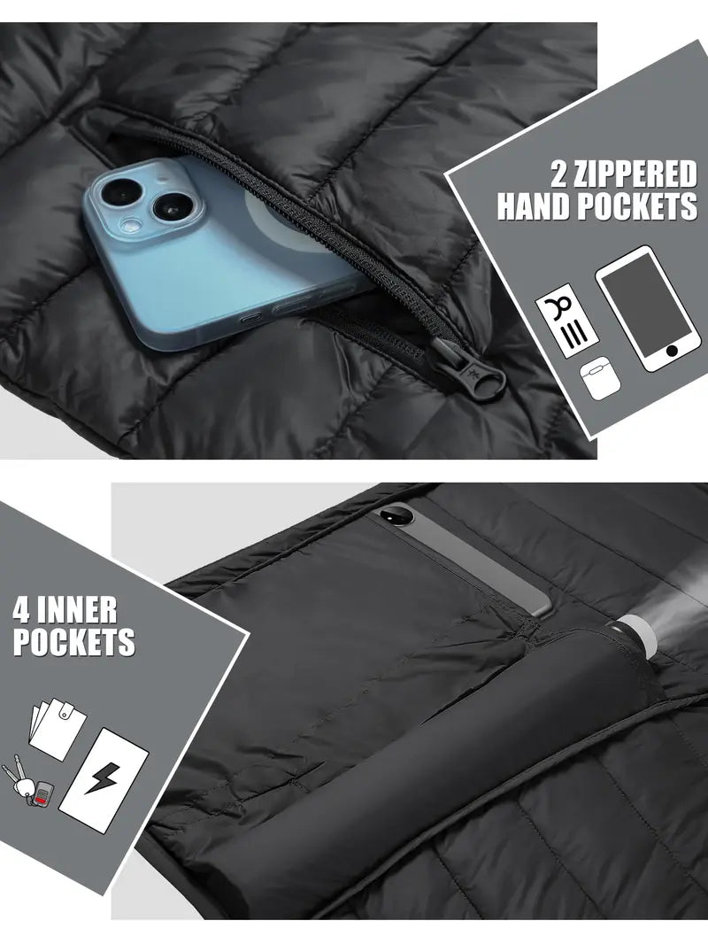 Pioneer Camp Men's Lightweight Packable Hooded Heated Puffer Jacket - Male Clothing, Windproof, Thermal Long Sleeve, Full Zip Front, 6-Pocket, Insulated, Breathable Bubble Cotton, Elastic Cuff Outerwear with Polyester Fill for Running, Travel