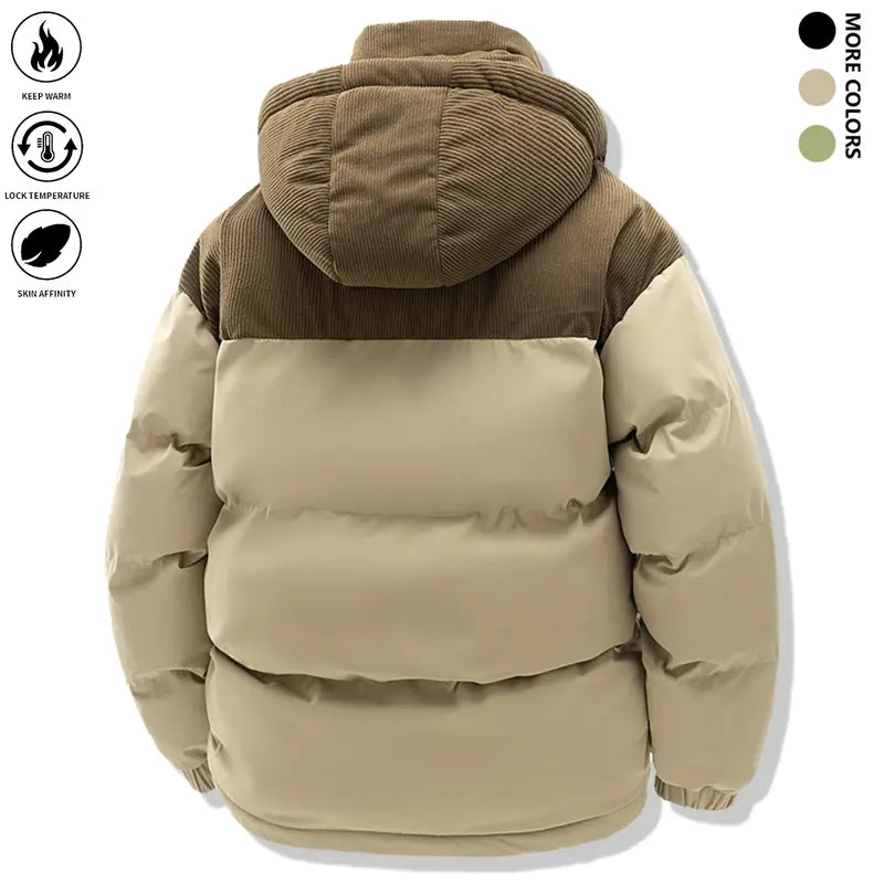 Men's Minimalist Woven Cozy Hooded Down Jacket - Polyester-Filled Velvet Cotton Fabric, Winter Color Block, Long-Sleeve, Detachable Cap, Warm Overcoat, Pockets, Pull-On Style, Fitted Cut for Party, Easter, Cozy Hooded Fit