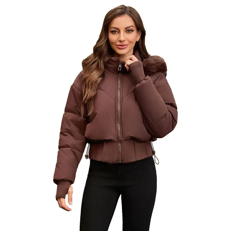 BIGWIG 2025 Fashion Women's Long-Sleeved Short Hooded Down Jacket - Fitted Stand-Up Collar, Quilted Filling, Zipper Closure, Basic Parka for Autumn-Winter Outings, New Year No Excess Bulk Design