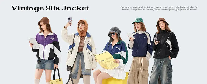 Gihuo Unisex Men Women Windbreaker Jacket Y2k Varsity Jackets Oversized Vintage 90s Jacket Casual Coats Tops Outerwear Long Sleeve Lightweight Unisex