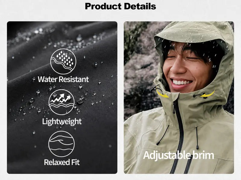 【CREATOR’S PICK】CAONAT Unisex Waterproof Hooded Jacket, Lightweight Outdoor Windbreaker with Zip Pockets, Adjustable Cuffs, Hiking & Casual Rain shell Jacket