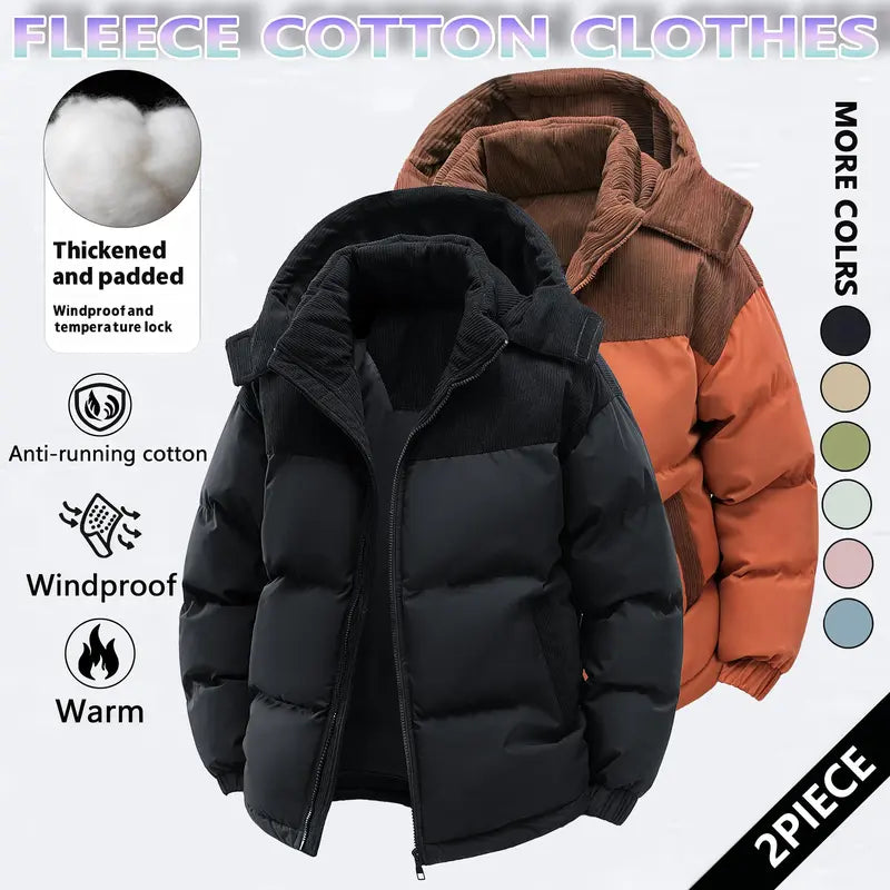 Men's Cotton Winter Coat Hooded Fleece-Lined Color-Block Jacket Casual Everyday Outerwear, Removable Hood, Windproof Padding, Thick Insulated, Anti-Running Cotton, Easy to Pair - Couples Style