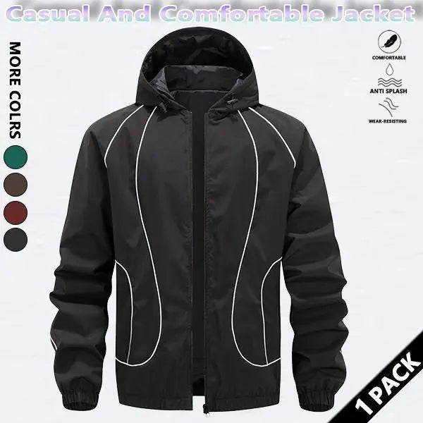 Men's Chic Woven Waterproof Windproof Front Zip Hooded Jacket - Rain-Ready Year-Round Menswear Top Coat with Drawstring, Striped Print, Zipper Pockets, Suitable for Outdoor Activities - SpringStatements