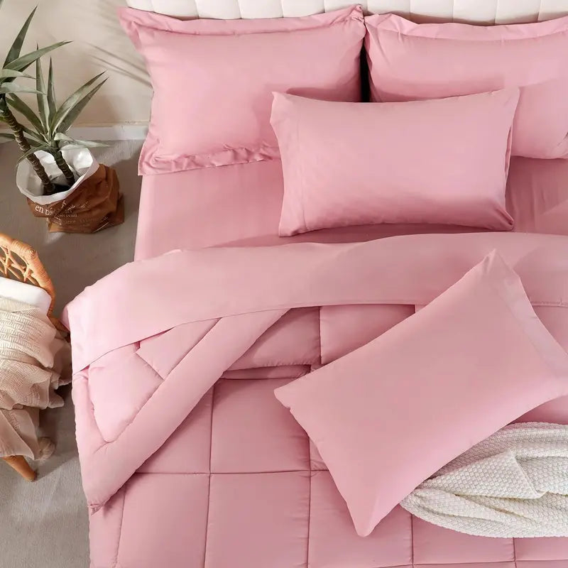DOWNCOOL 7-Piece Comforter Set All Season Pink Down Alternative Bedding Set with Flat Sheet, Fitted Sheet, 2 Pillow Shams & Pillowcases, Soft Microfiber, OEKO-TEX Certified for Bedroom Home Decor