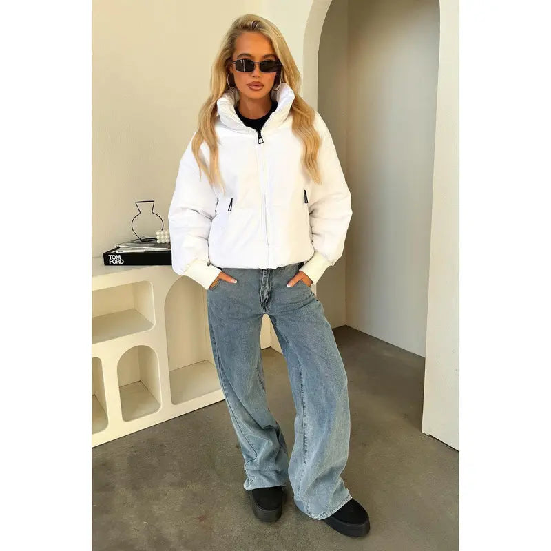 That's So Fetch Men's Long Plain Zip-Front Cuffed Ribbed Soft-Style Ajax Puffer Jacket, White, Comfy Casual Tops & Coats, Sleeved Menswear Outerwear
