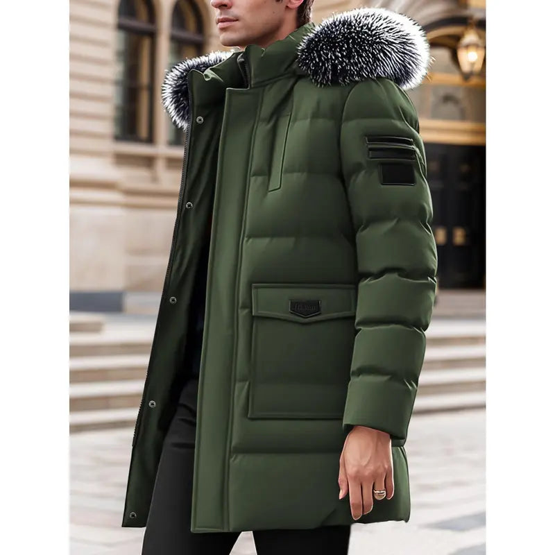 Men's Winter Heavy-duty Long Parka Coat, Thick and Warm Insulation, Detachable Faux Fur Hood Pocket with Large Pocket, Suitable for Skiing and Commuting
