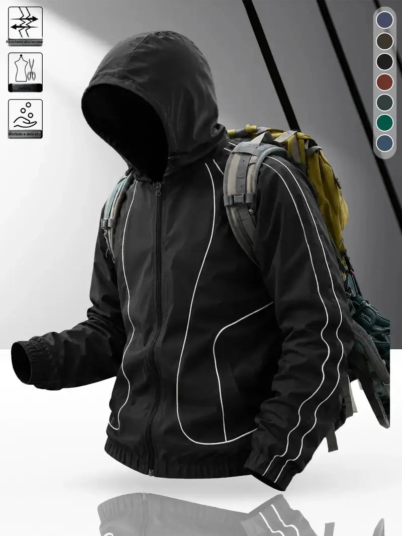 Men's windproof waterproof jacket, breathable outdoor hiking coat, foldable hat design, lightweight and durable, all weather use, suitable for spring and summer in thin styles.