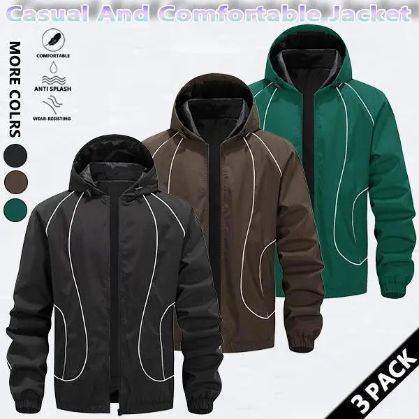 Men's Chic Woven Waterproof Windproof Front Zip Hooded Jacket - Rain-Ready Year-Round Menswear Top Coat with Drawstring, Striped Print, Zipper Pockets, Suitable for Outdoor Activities - SpringStatements