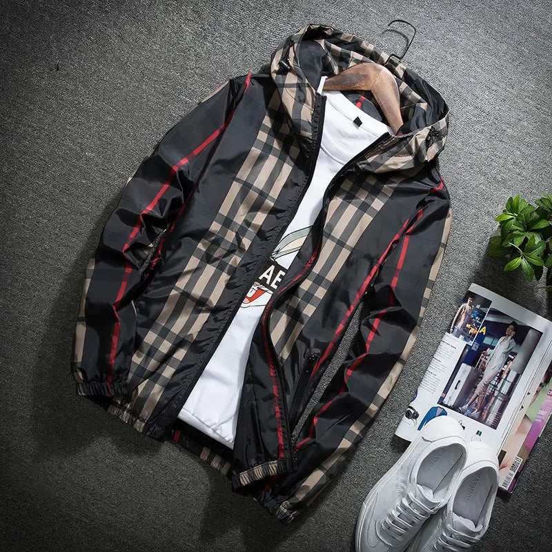Men’s Spring Fall Lightweight Hooded Jacket, Zip-Up Windbreaker with Adjustable Drawstring, Stand Collar Option, Contrast Stripe Detail, Casual Plaid Outerwear in Khaki