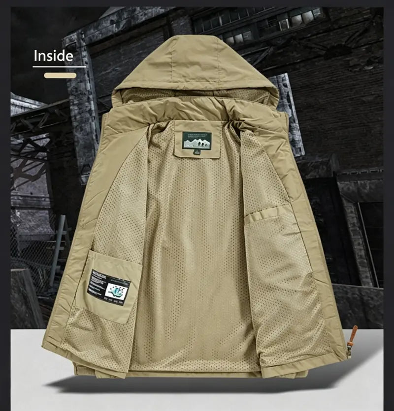 Men's Polyester Plain Full-Zip Water-Resistant Windbreaker Jacket with Hood, Lightweight Outdoor Shell Coat for Hiking, Daily Outdoor Wear