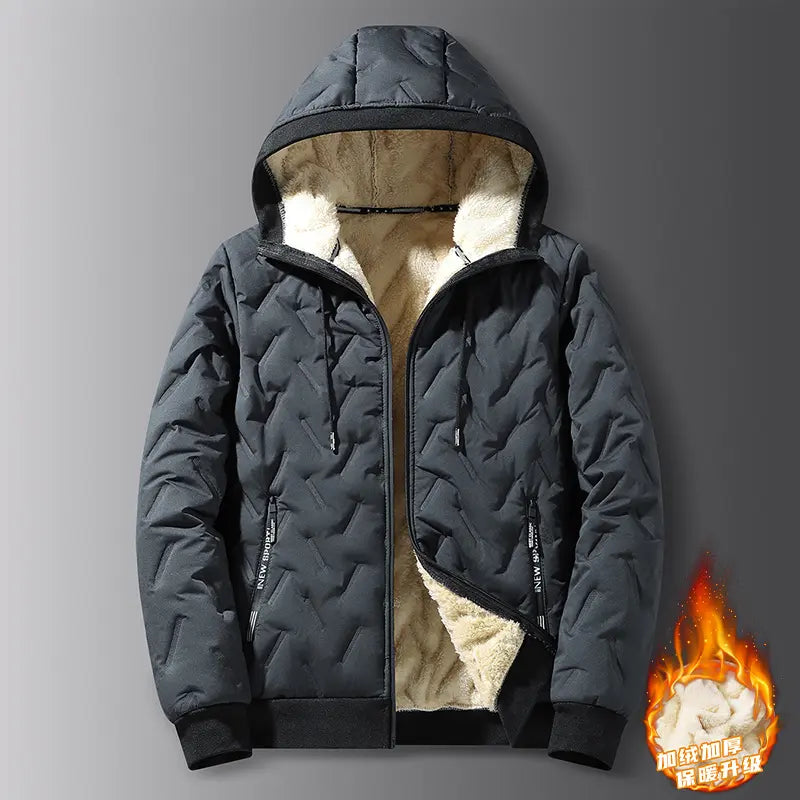 2026 New Stylish Menswear Men's Hooded Cotton-Blend Coat Jacket - Long-Sleeve, Plain, Casual, Warm Fleece-Lined Top with Ultrasonic Cotton Toothbrush Print, Fitted Cut, Medium Length, Attached Hood