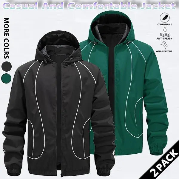 Men's Chic Woven Waterproof Windproof Front Zip Hooded Jacket - Rain-Ready Year-Round Menswear Top Coat with Drawstring, Striped Print, Zipper Pockets, Suitable for Outdoor Activities - SpringStatements