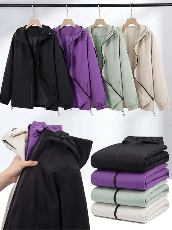 Men’s Loose-Fitting Long Sleeve Hooded Coats - Windproof, Waterproof Polyester Plain Tops with Adjustable Hem, Zip Up Closure, Casual Outdoor Menswear Outerwear for Everyday Wear (Beige, Black)