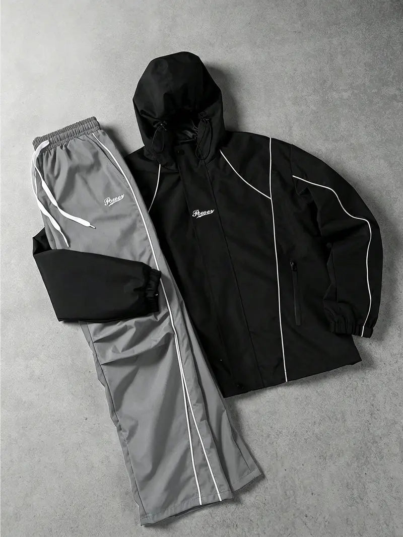 Men’s Streetwear 2-Piece Tracksuit Set, Hooded Windbreaker Jacket & Wide Leg Trousers with Contrasting Line Design, Lightweight Wind-Resistant for Urban Hangouts & Sports