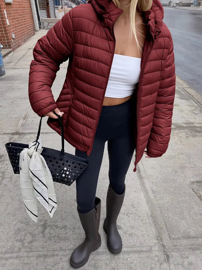 Women's Winter puffer Jacket, Casual Fitted Hooded Quilted Coat with Pockets, Warm Lightweight Commuter Outerwear for Fall & Winter
