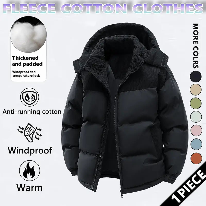 Men's Cotton Winter Coat Hooded Fleece-Lined Color-Block Jacket Casual Everyday Outerwear, Removable Hood, Windproof Padding, Thick Insulated, Anti-Running Cotton, Easy to Pair - Couples Style