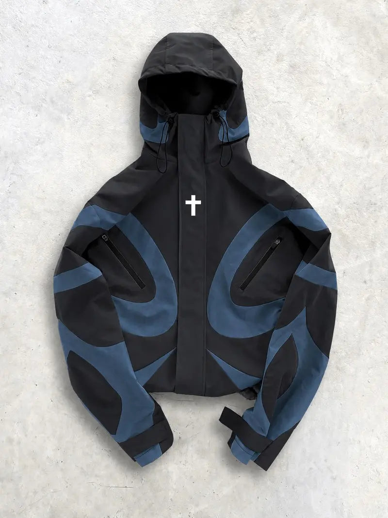 Men's Baggy Cross-Print Hooded Zip-Up Techwear Windbreaker Jacket - Textured Woven Fabric, Waterproof, Long-Sleeve, Lightweight, Unisex Fit, Patchwork, Outdoor/Party/New Year Wear, Biker Streetwear Work Top