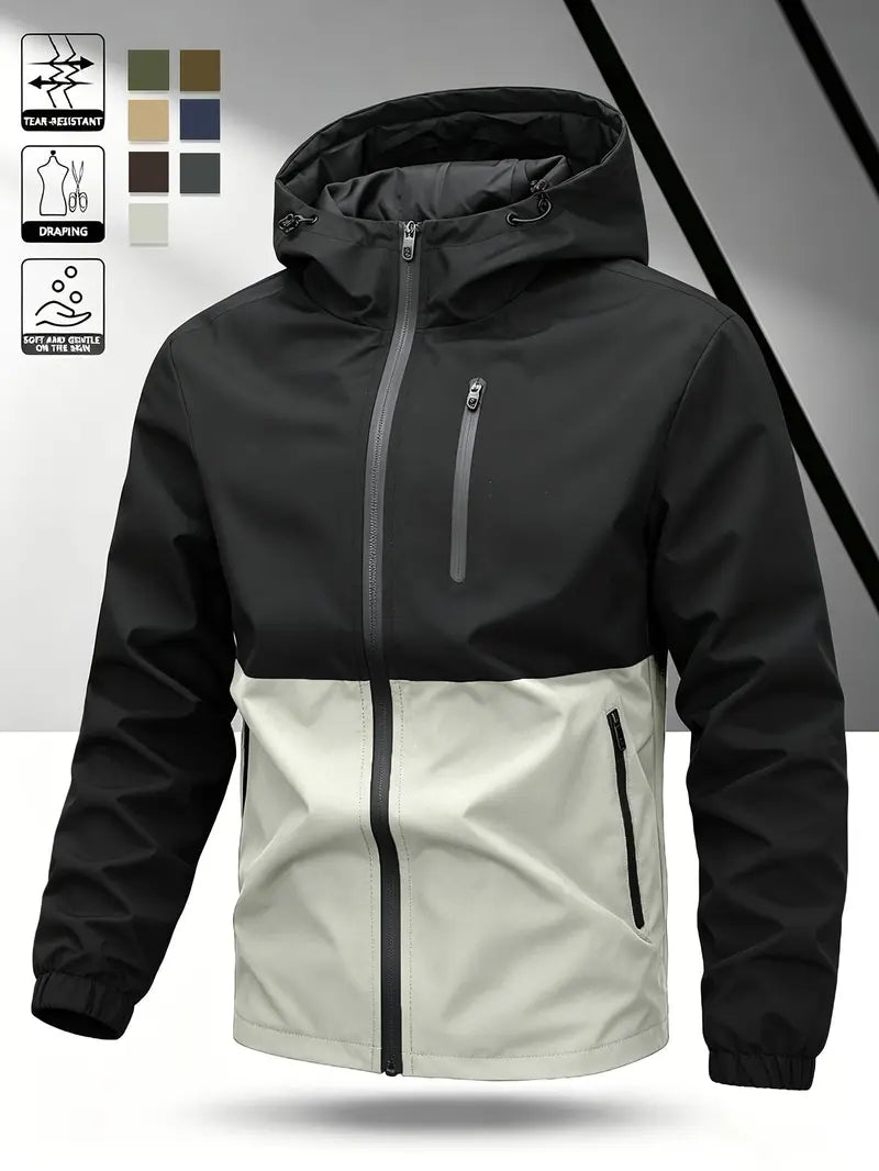 Men’s Color-Block Hooded Hardshell Coat - Tear-Resistant, Wear-Resistant Menswear with Contrast Zip, Multiple Waterproof Zippered Pockets, Adjustable Drawstring Hood, Long-Sleeve Outerwear for Autumn/Winter Mountaineering, Hiking