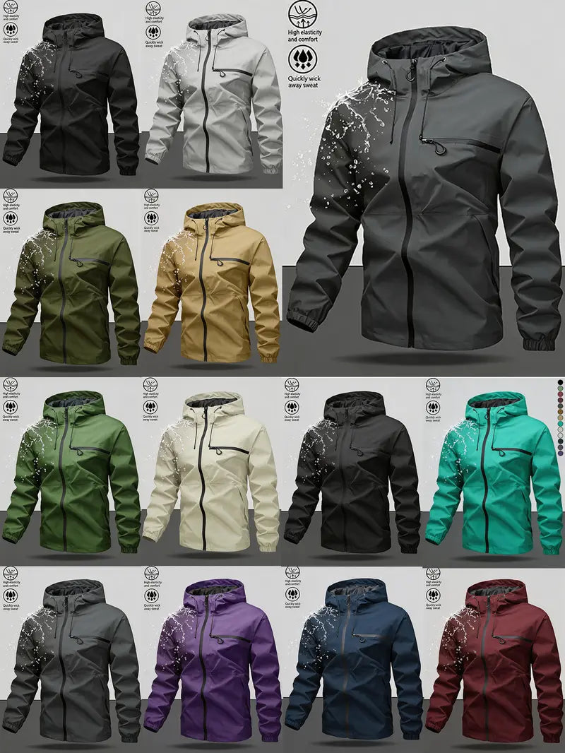 Men's Fitted Solid Woven Hooded Jacket - Waterproof, Windproof, with Zippered Pockets for Outdoor, Casual Wear