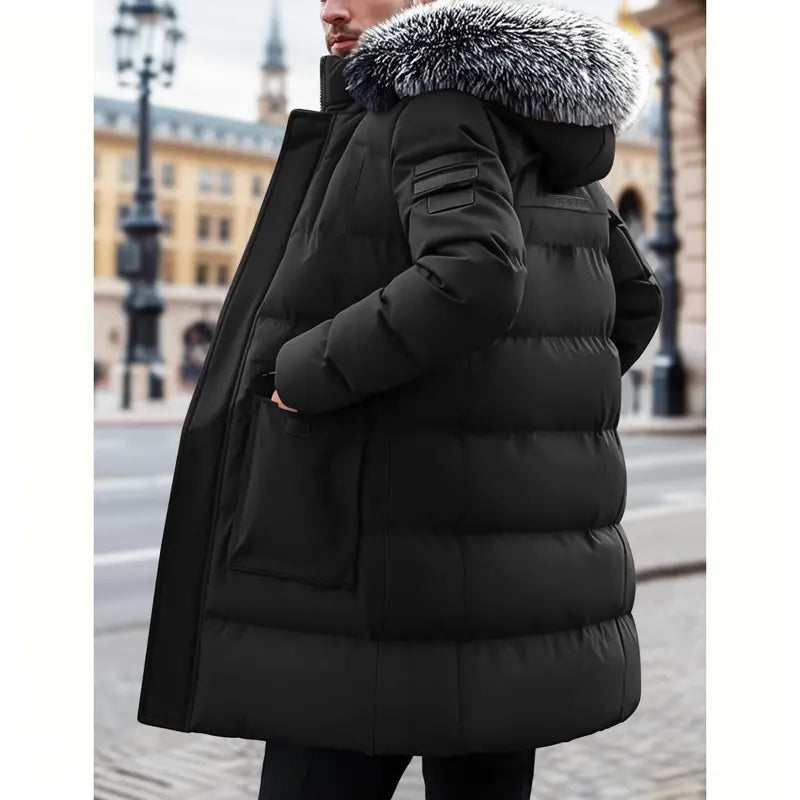 Men's Winter Heavy-duty Long Parka Coat, Thick and Warm Insulation, Detachable Faux Fur Hood Pocket with Large Pocket, Suitable for Skiing and Commuting