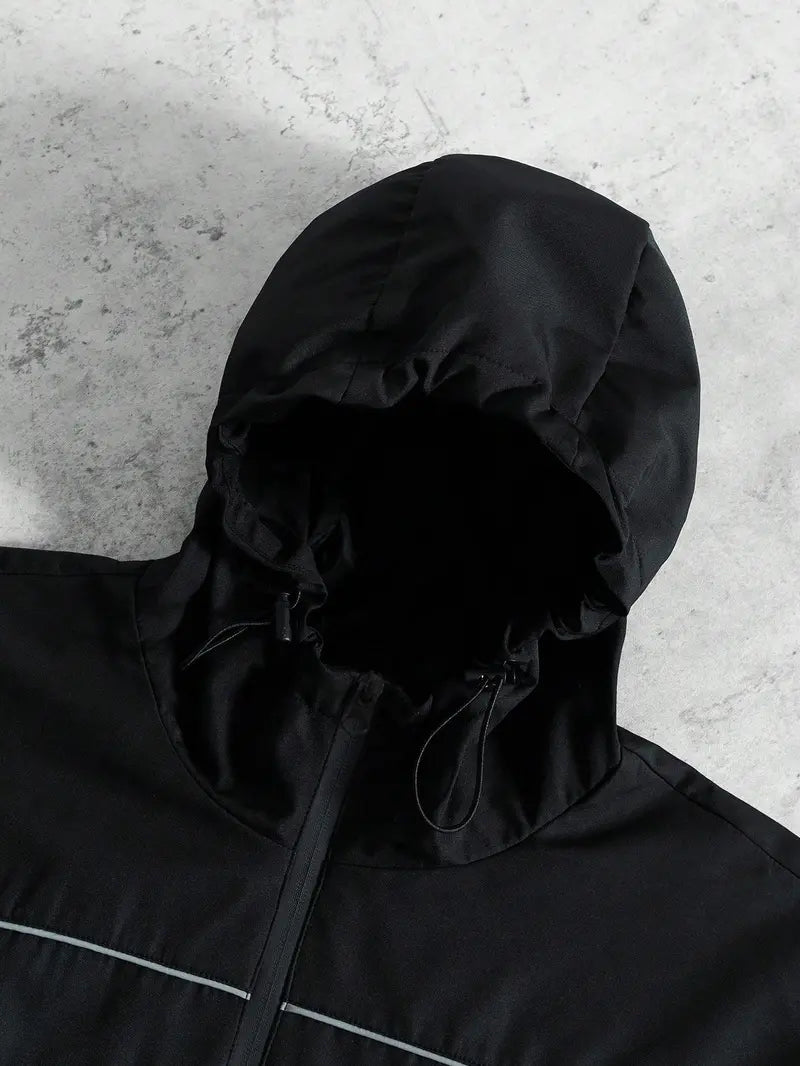 Men's Fashion Techwear Windbreaker Jacket - Hooded Drop-Shoulder Full-Zipper Top, Smooth Polyester, Reflective Sleeves, Water-Resistant, Long, Loose, Elastic, Pocket, Streetwear Outerwear