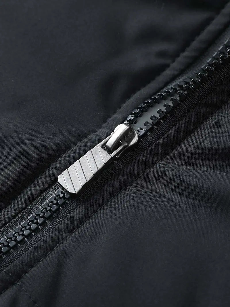 Loose-fit hooded cotton jacket with horizontal topstitching and down filling, full zip closure, basic warm casual cotton jacket