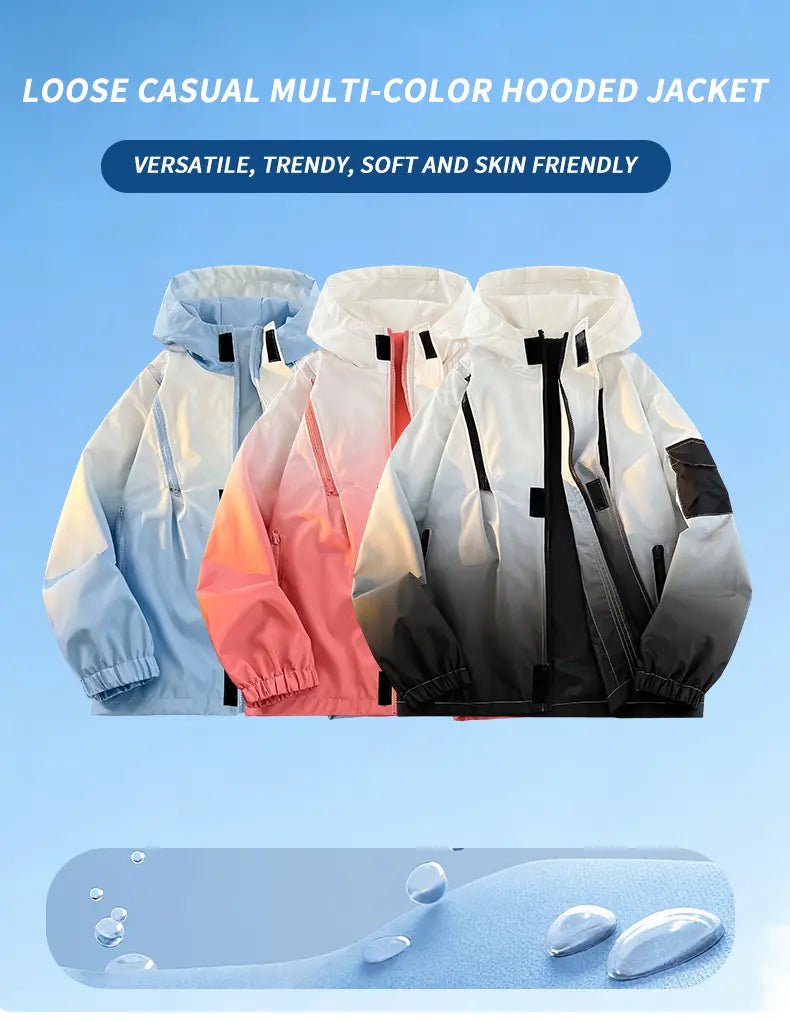 Men’s Gradient Long Sleeve Hooded Work Jacket - Polyester, Loose-Fit, Zip-Up, Multiple Pockets, Windproof, Casual Fashion Outerwear, Modern Style Lightweight Work Jackets, Zip Up Hoodies