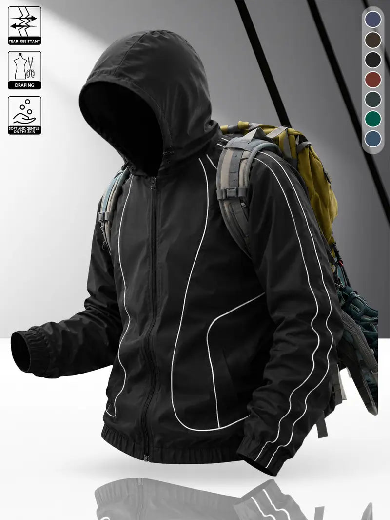 Men's windproof waterproof jacket, breathable outdoor hiking coat, foldable hat design, lightweight and durable, all weather use, suitable for spring and summer in thin styles.