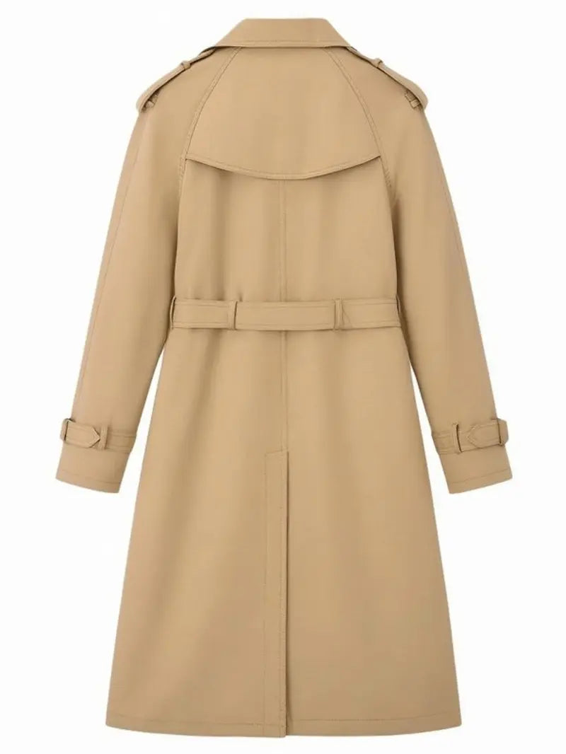 New autumn women’s loose long coat featuring a double-breasted design, khaki trench style, notched lapel with plaid lining, and an adjustable waist belt that cinches the silhouette—an essential piece for spring and autumn outfits.sohochic sohochic...