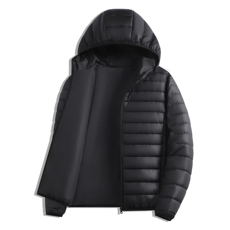 Men's Hooded Puffer Coat - Menswear Longsleeve Plain Retro Top, Fitted Zippered Fleece-Lined Lightweight Warm Winter Parka with Pockets for Outdoor Ski, Casual Outfits