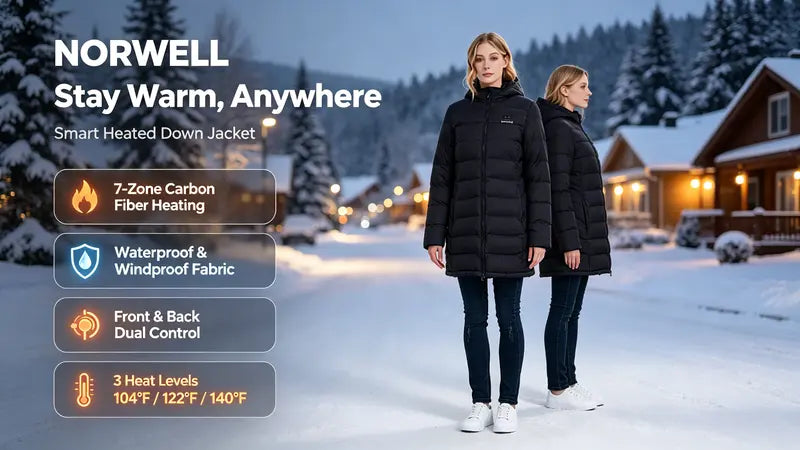 Norwell New Women's Heated Long Sleeve Puffer Down Jacket with 7.4V 5000mAh Battery Pack, Dual Control 7 Heat Zones Winter Windproof Waterproof Warm Slim Fit Coat with Hood for Commuting, Full-Zip Parka, Winter Outfits #FallFreshness #outdoorfun