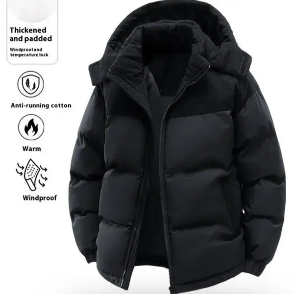 Men's Casual Thick Hooded Down Jacket, Polyester Fiber Filled, Winter Color Block Design, Long Sleeve Detachable Hat, Warm Outerwear, Coats