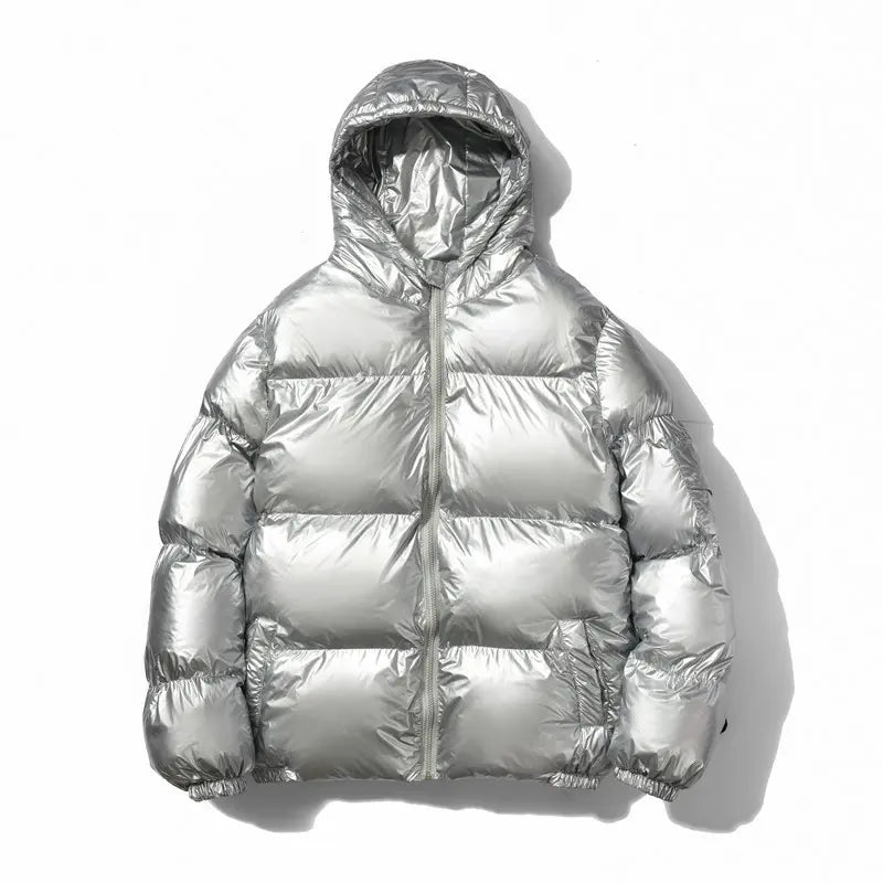 Mens Shiny Glossy Smooth Puffer Jacket - Zip-Up Hooded, Thick Cotton-Padded Menswear Garment, Ribbed, Windproof Thermal, Loose Fit, Clean Minimalist Stylish Casual Streetwear, Side Pockets for Cold Winter Comfort
