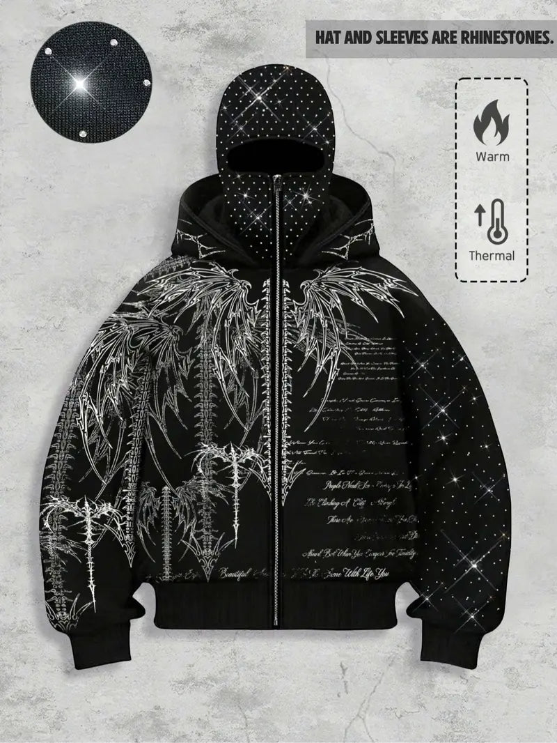 double hood rhinestone street casual loose men's zipper hoodie eye print sweatshirt, Graphic print hoodie autumn and winter fleece warm men and women brand Y2K jacket cool nightclub rock hip-hop music festival