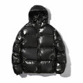 Mens Shiny Glossy Smooth Puffer Jacket - Zip-Up Hooded, Thick Cotton-Padded Menswear Garment, Ribbed, Windproof Thermal, Loose Fit, Clean Minimalist Stylish Casual Streetwear, Side Pockets for Cold Winter Comfort