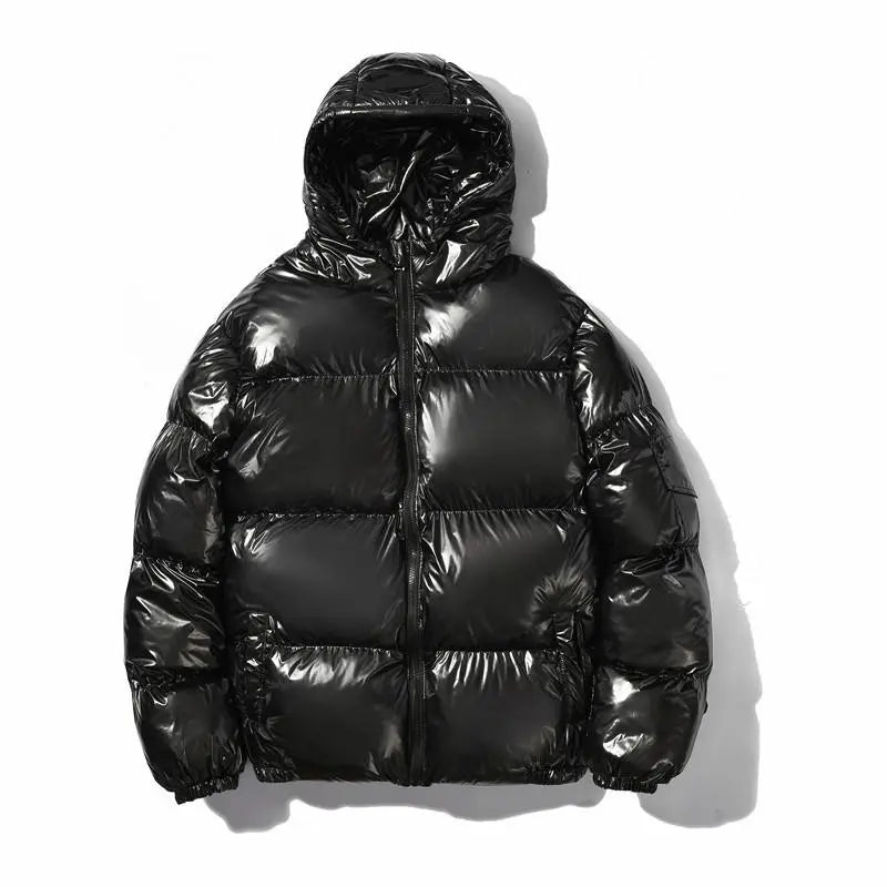Mens Shiny Glossy Smooth Puffer Jacket - Zip-Up Hooded, Thick Cotton-Padded Menswear Garment, Ribbed, Windproof Thermal, Loose Fit, Clean Minimalist Stylish Casual Streetwear, Side Pockets for Cold Winter Comfort