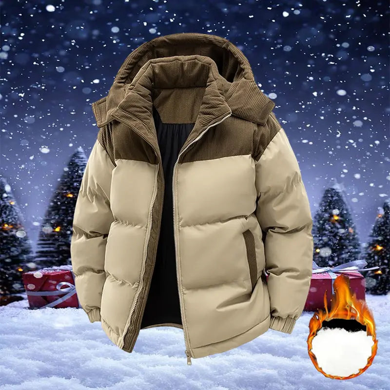 Men’s hooded puffer jacket for warmth and cold protection, corduroy panel color-block winter coat, suitable for extreme cold snow skiing and everyday casual wear.