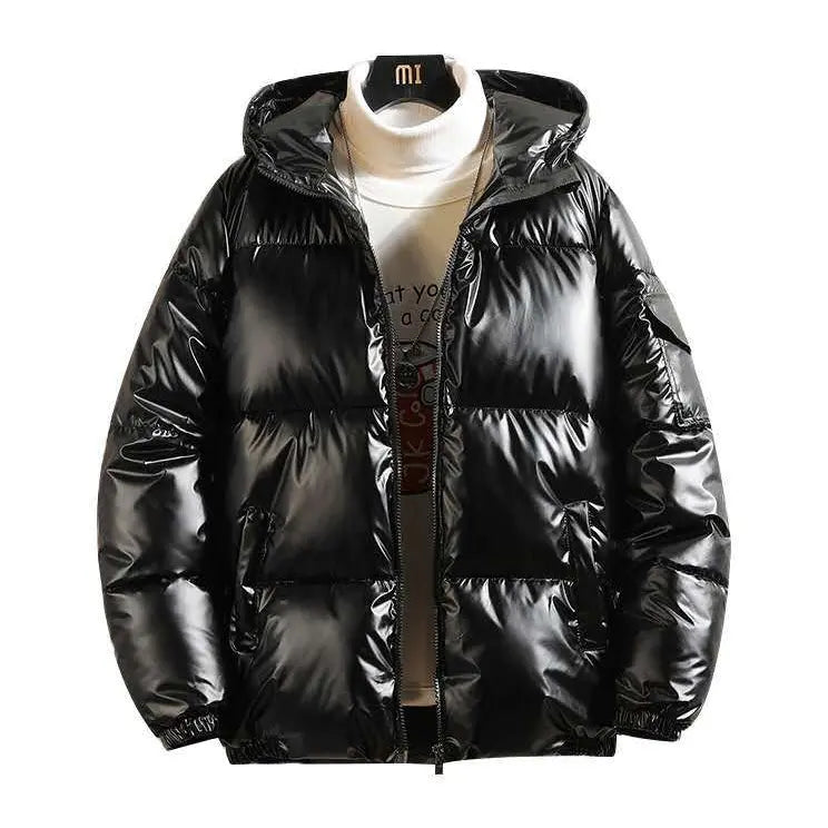 Mens Shiny Glossy Smooth Puffer Jacket - Zip-Up Hooded, Thick Cotton-Padded Menswear Garment, Ribbed, Windproof Thermal, Loose Fit, Clean Minimalist Stylish Casual Streetwear, Side Pockets for Cold Winter Comfort